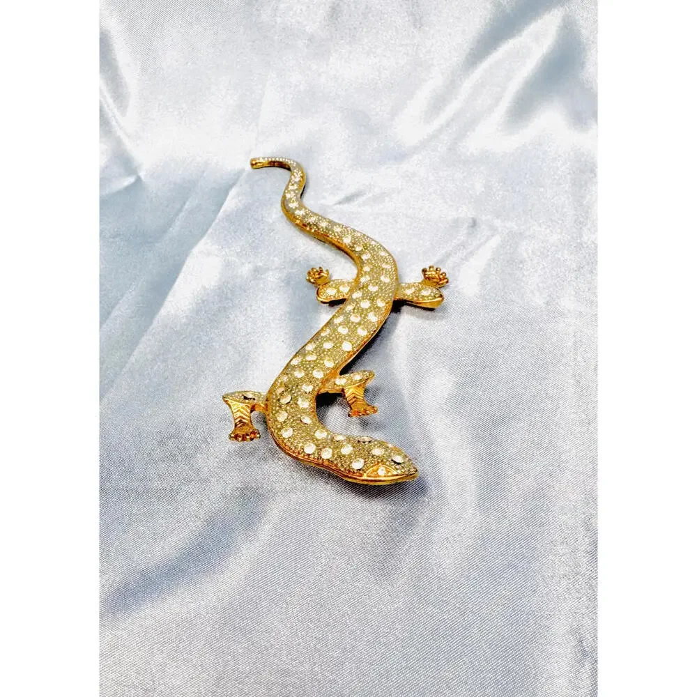 Gold Tone Crystal Salamander Brooch